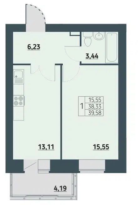 1-комн., 38.2 м², 9/9 этаж