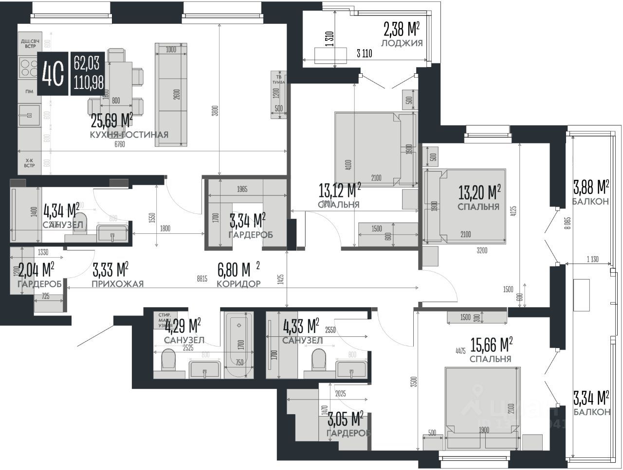 4-комн., 110.98 м², 9/15 этаж