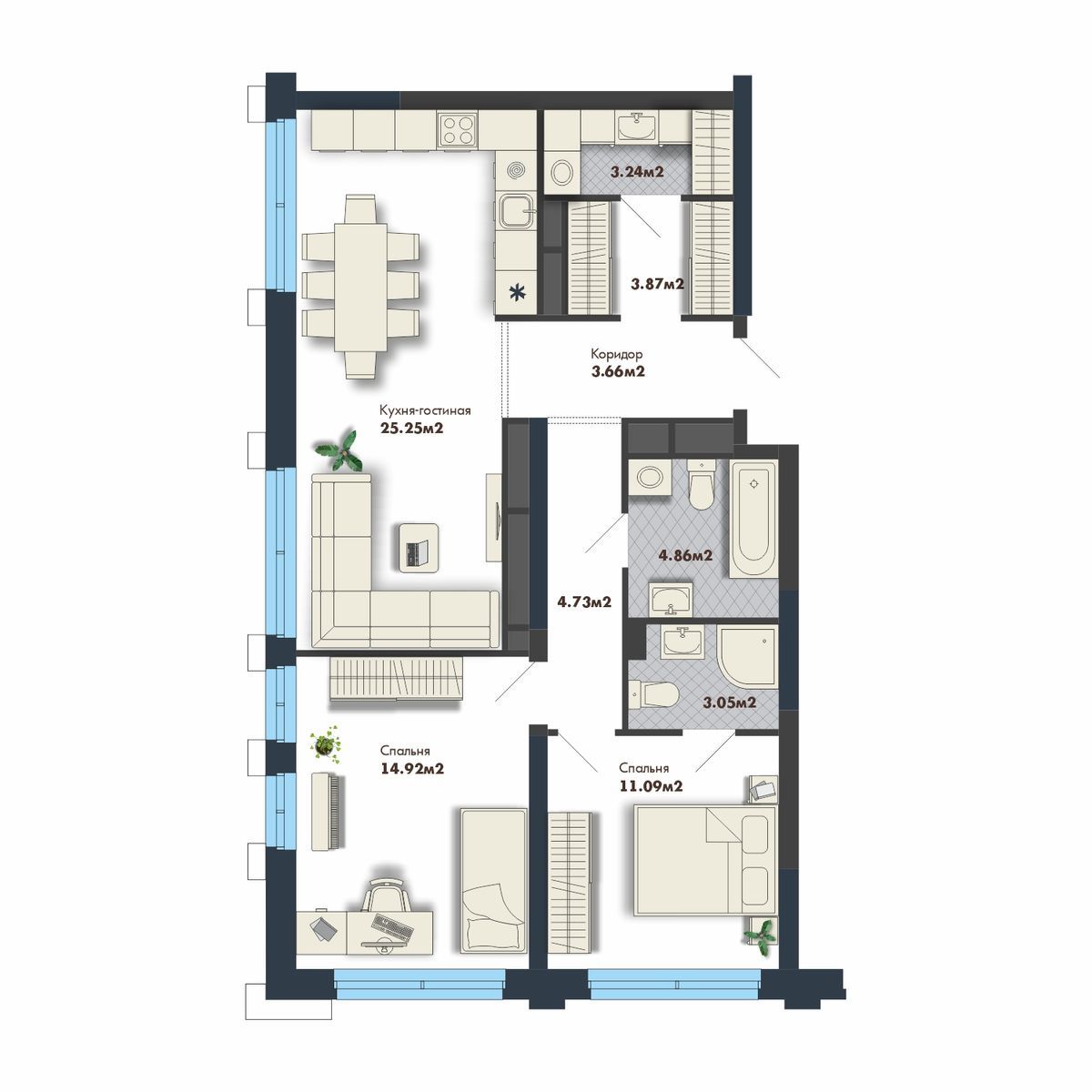 2-комн., 74.67 м², 23/25 этаж