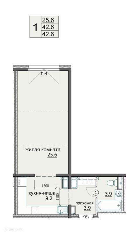 1-комн., 42.6 м², 3/18 этаж