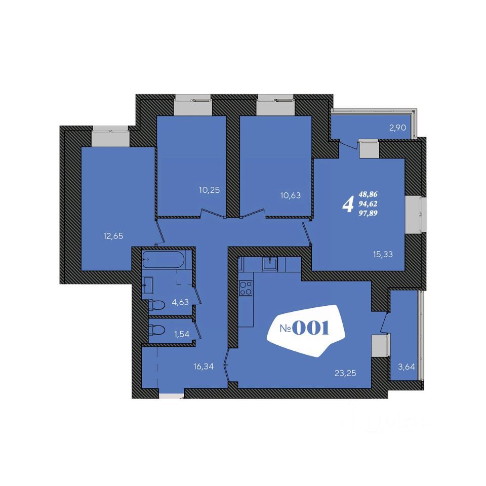 4-комн. квартира, 97.6 м², 1/15 этаж