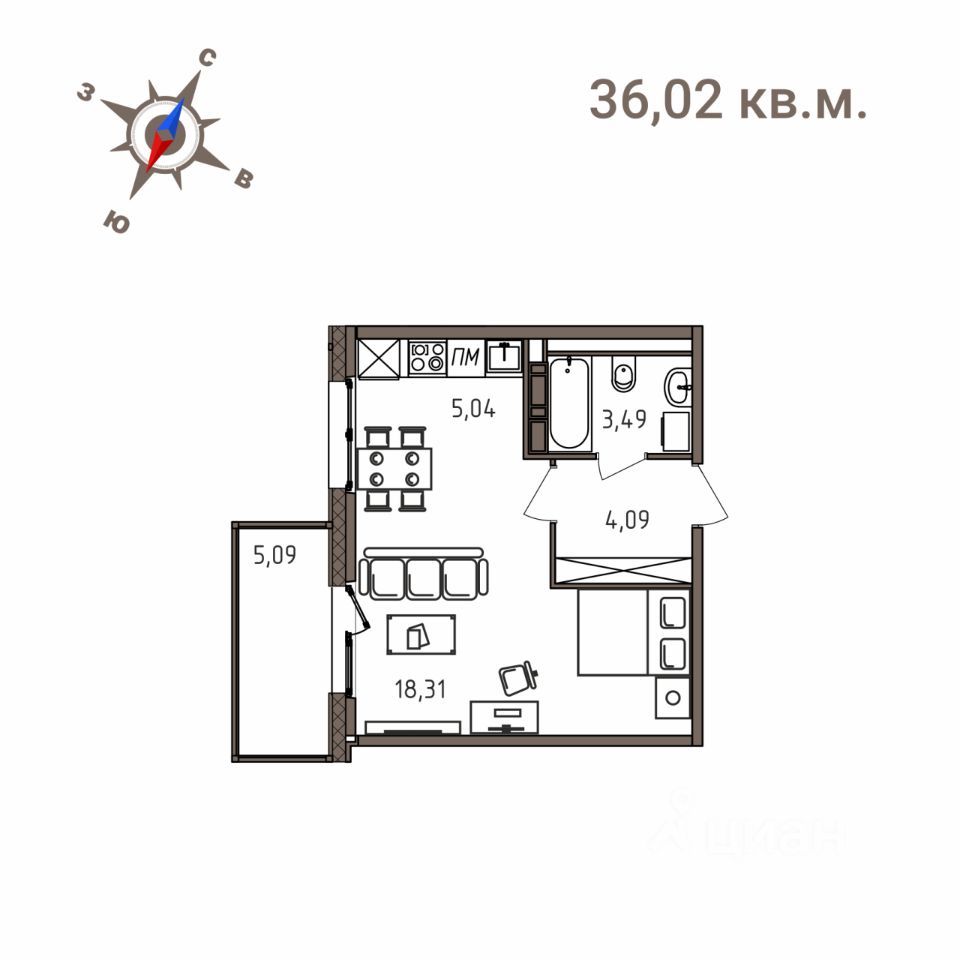 1-комн. квартира, 36.02 м², 1/4 этаж