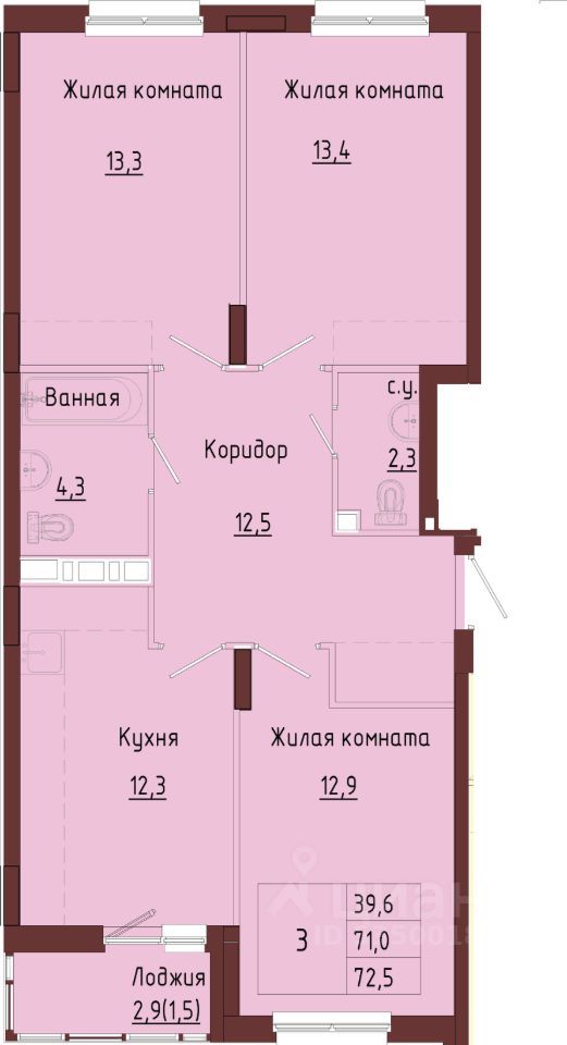 3-комн. квартира, 73.9 м2, 3/9 этаж
