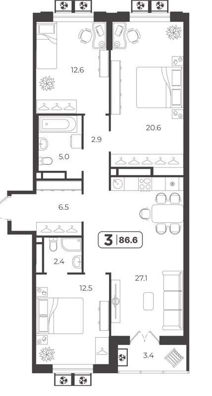 3-комн., 90.92 м², 2/17 этаж