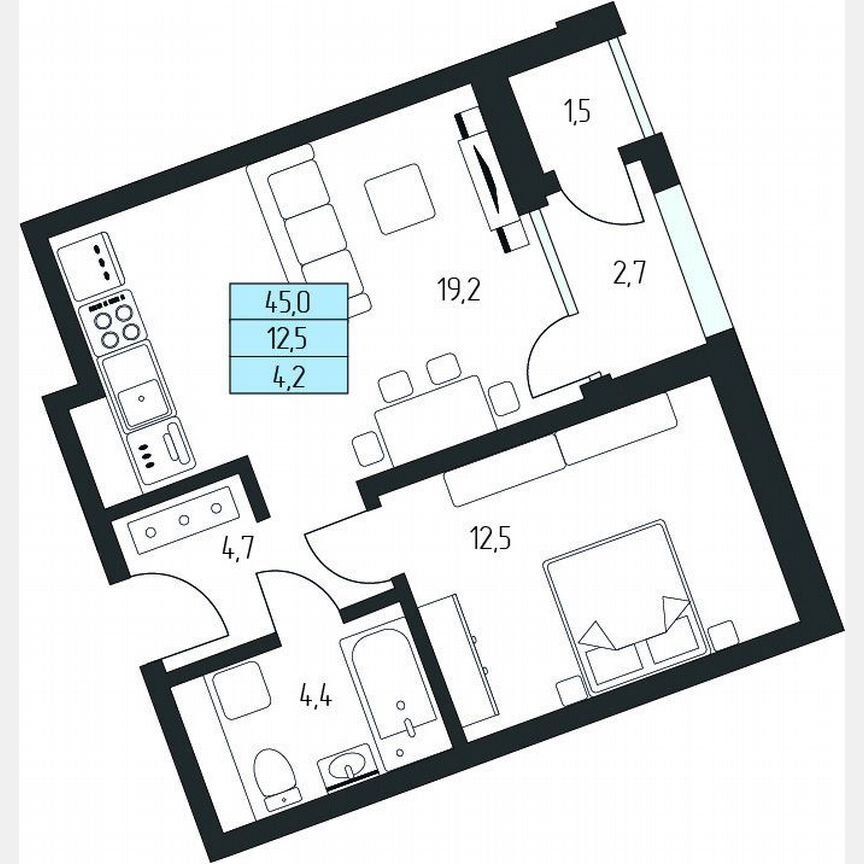 1-комн., 45 м², 6/7 этаж