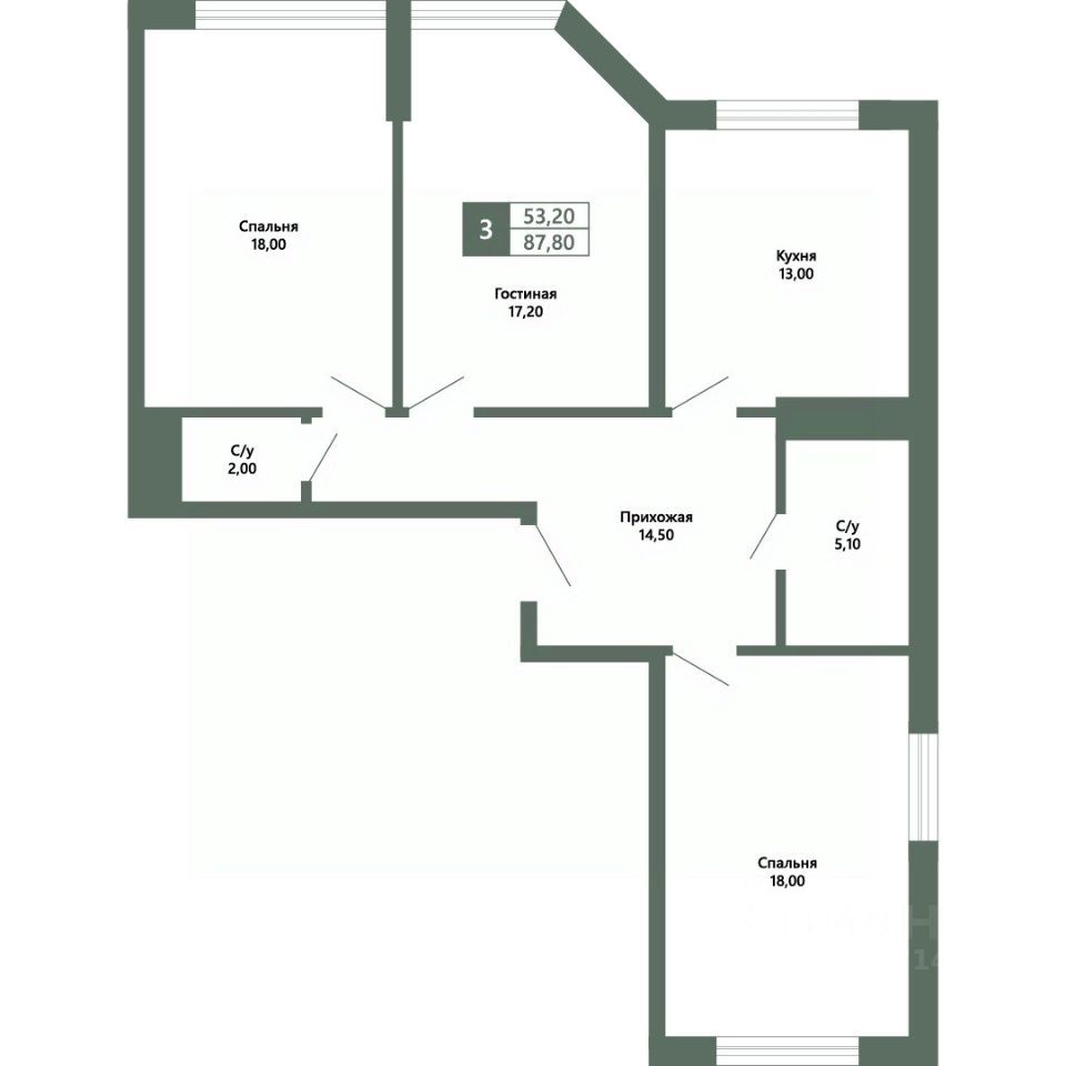 3-комн. квартира, 87.8 м2, 1/14 этаж