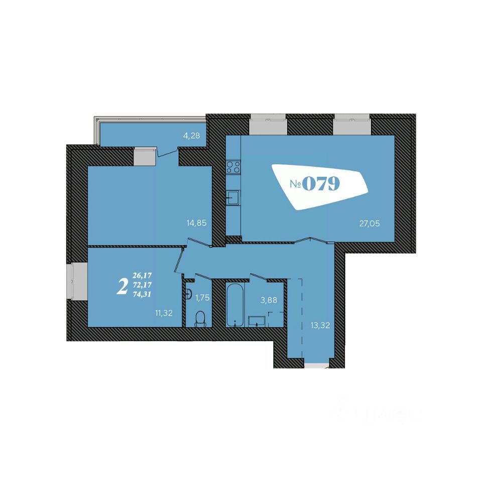 2-комн., 74 м², 1/15 этаж