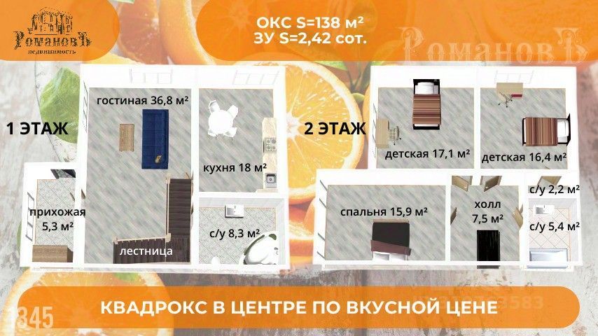 2 этажный, Таунхаус, 138.3 м², 2.3 сотки, 2 этажа
