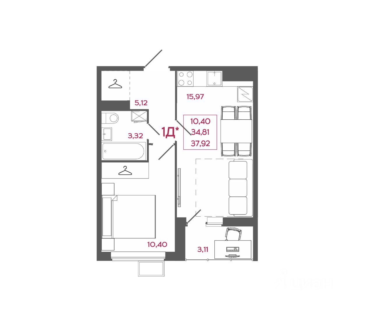 1-комн. квартира, 37.92 м², 17/17 этаж