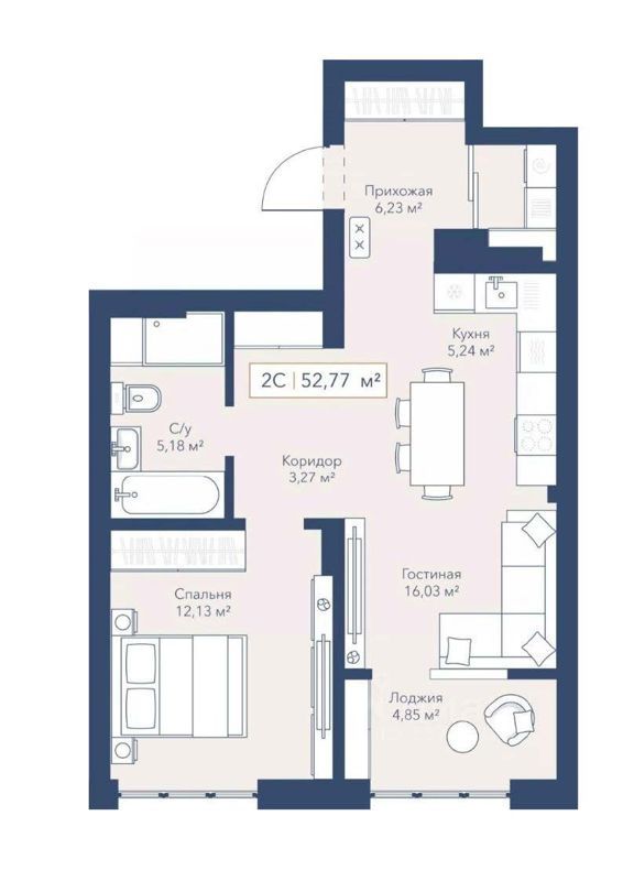2-комн., 52.77 м², 18/25 этаж