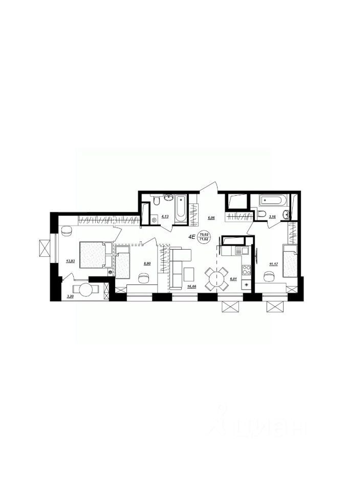 4-комн. квартира, 71.6 м2, 3/17 этаж