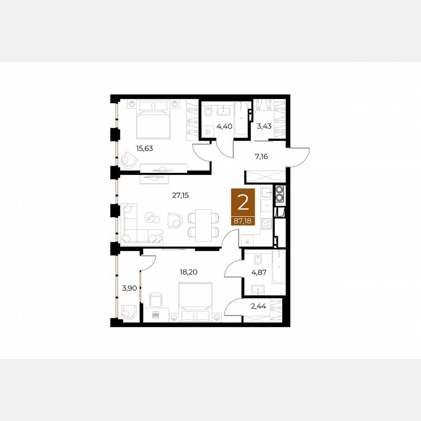 2-комн., 87.2 м², 8/8 этаж