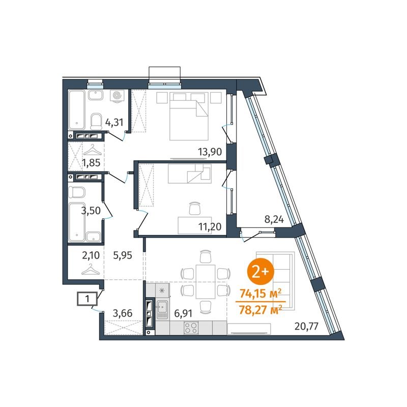 2-комн., 74.15 м², 3/25 этаж