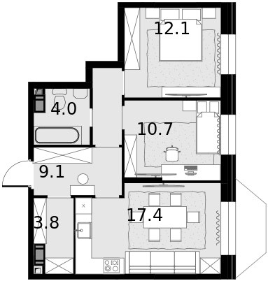 2-комн., 57.1 м², 10/19 этаж