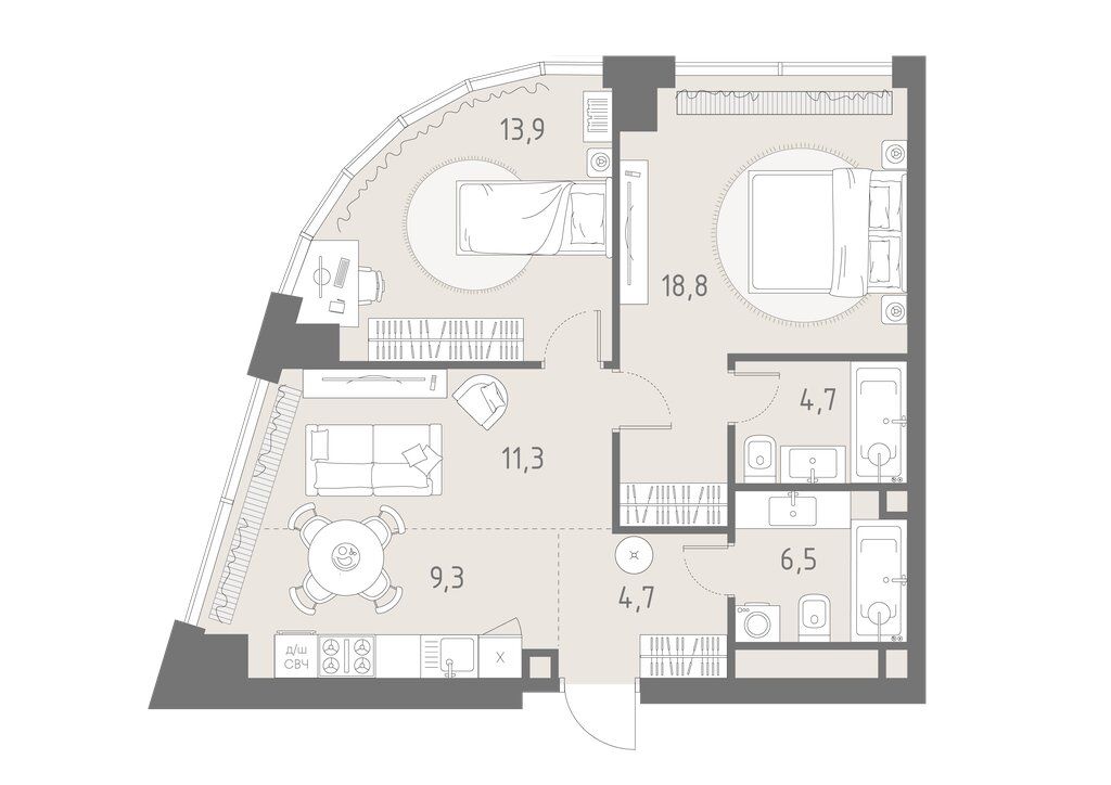 3-комн., 69.2 м², 16/35 этаж
