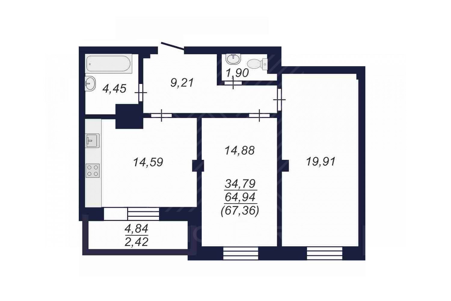 2-комн. квартира, 67.4 м2, 5/14 этаж