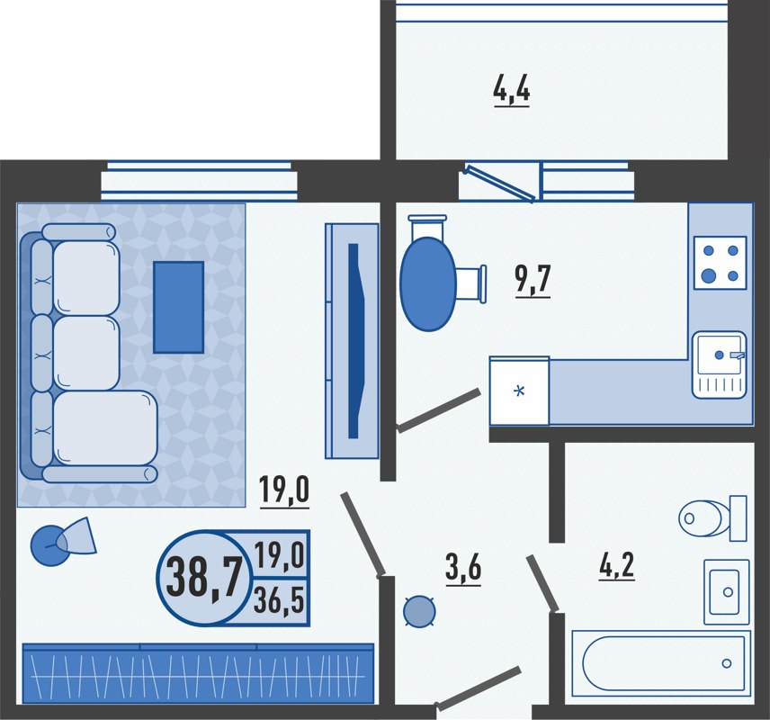 1-комн., 38.7 м², 2/17 этаж