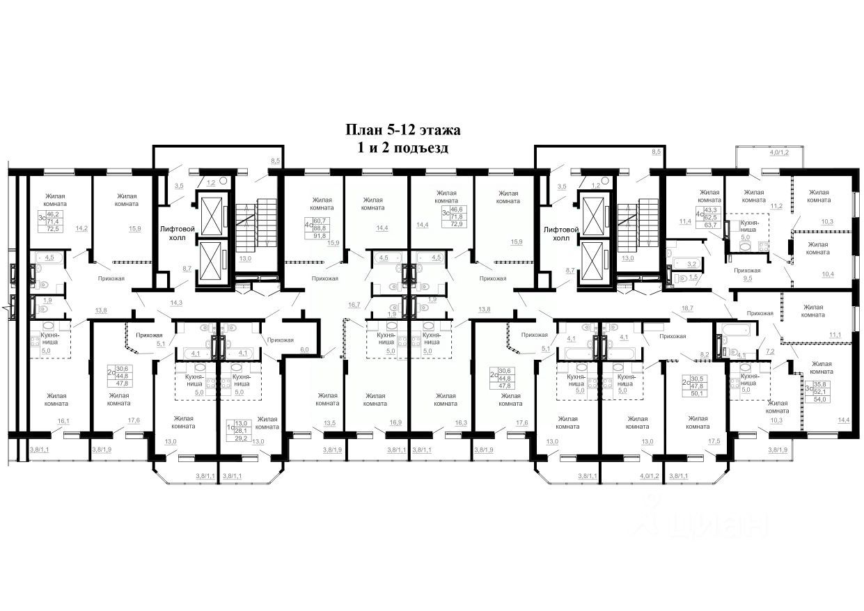 1-комн. квартира, 56.9 м², 12/25 этаж