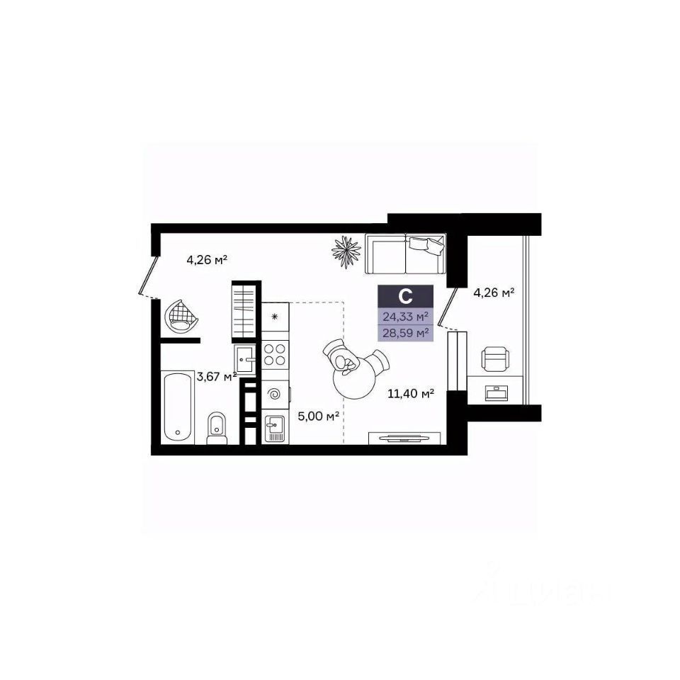 Студия, 28.59 м², 6/14 этаж
