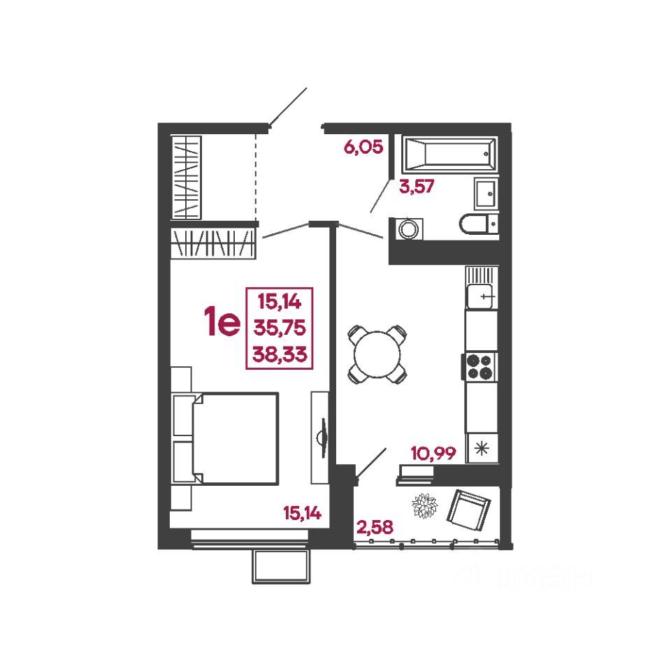 1-комн., 38.33 м², 2/17 этаж
