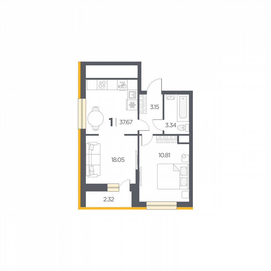 2-комн. квартира, 37.7 м2, 3/18 этаж