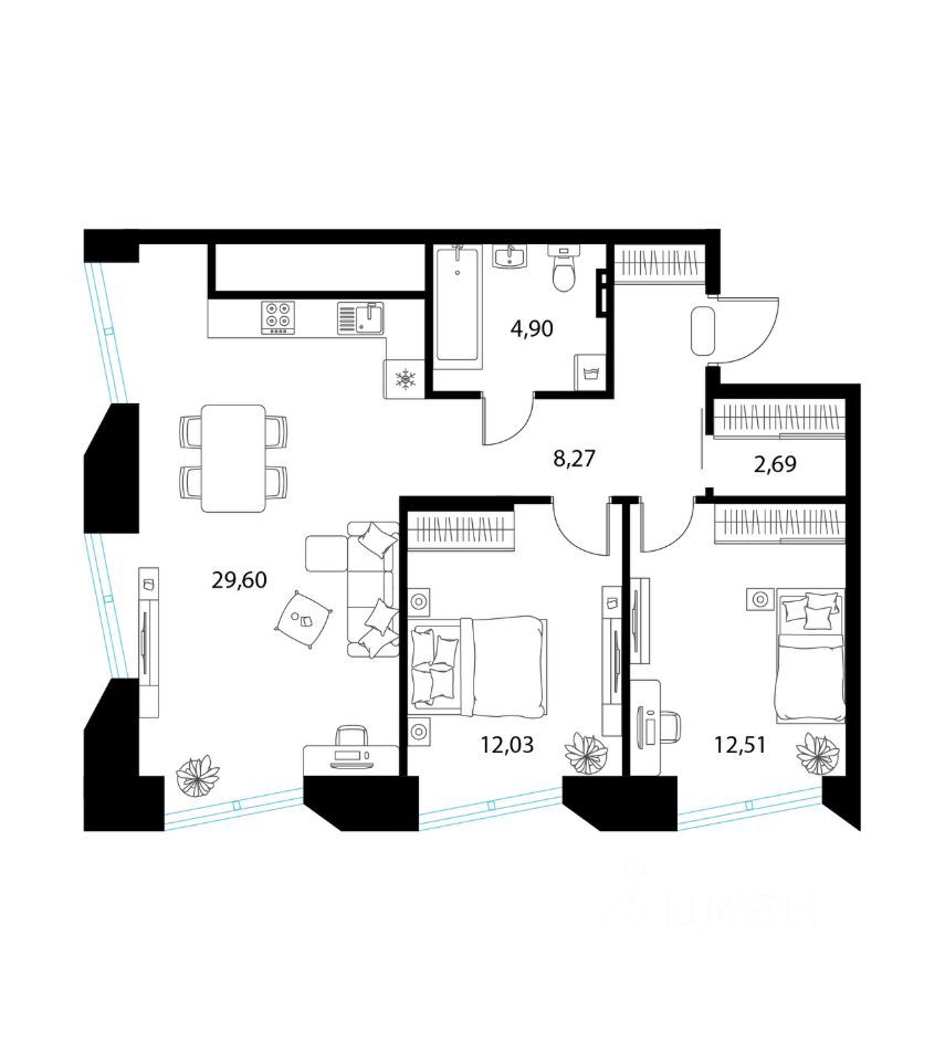 2-комн., 70 м², 3/17 этаж