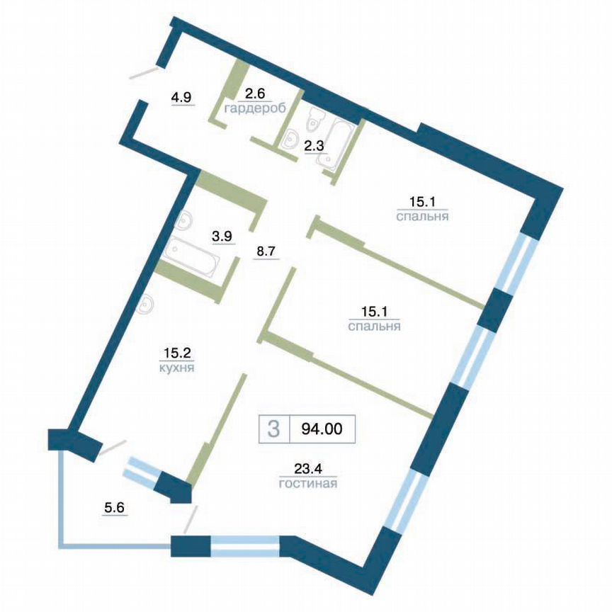 3-комн., 94 м², 19/24 этаж