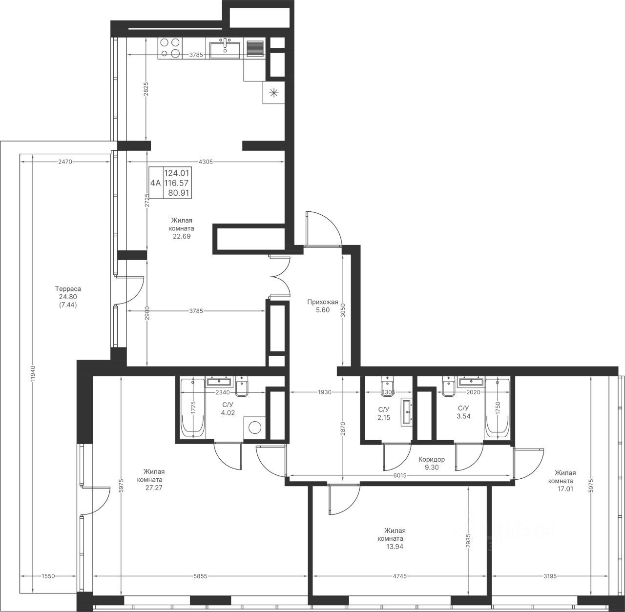 4-комн. квартира, 124 м2, 17/25 этаж