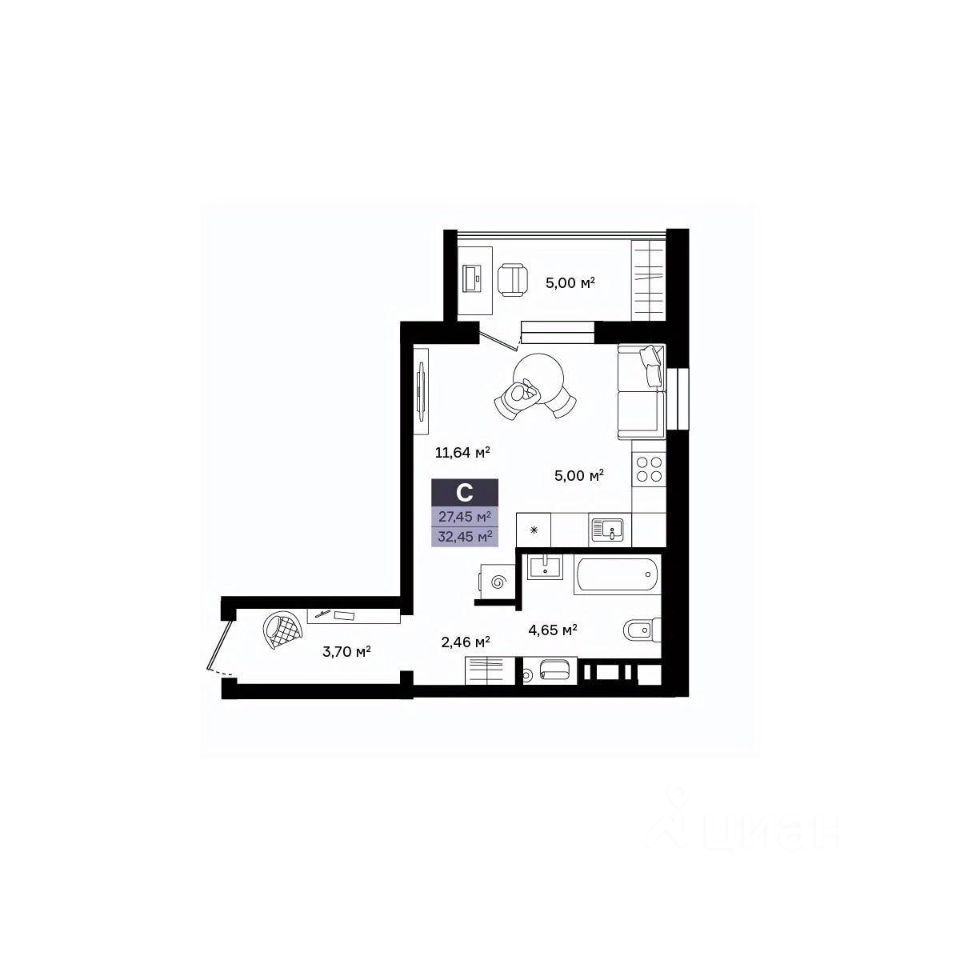 Студия, 32.45 м², 5/10 этаж