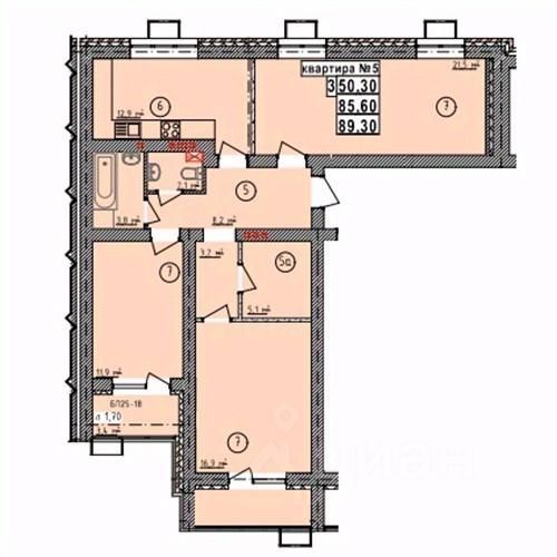 3-комн., 89.3 м², 2/5 этаж