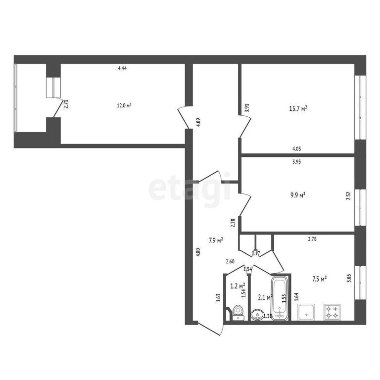 3-комн., 62 м², 8/9 этаж