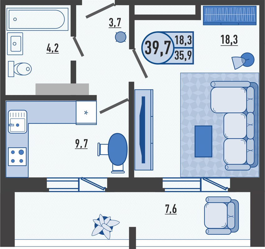 1-комн., 39.7 м², 16/17 этаж