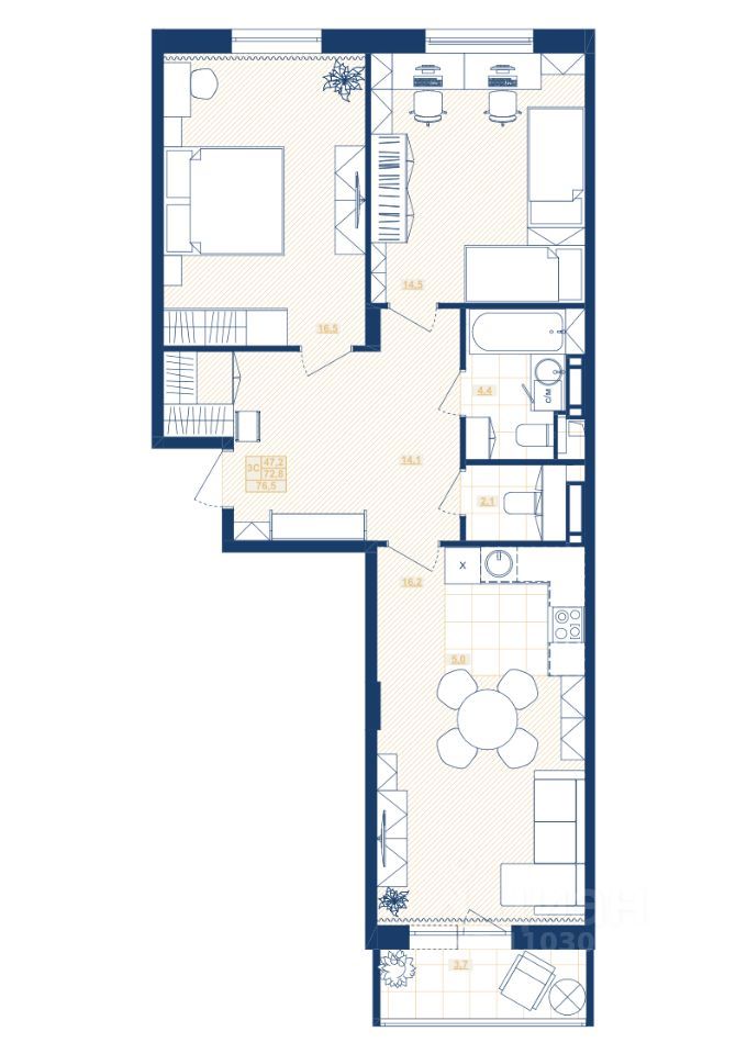 2-комн., 76.5 м², 16/25 этаж