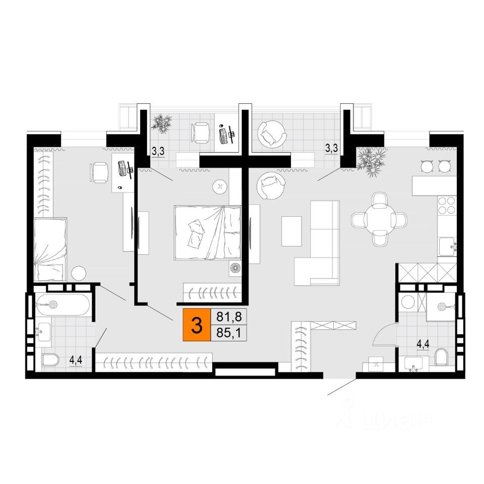 3-комн. квартира, 85.1 м2, 14/14 этаж