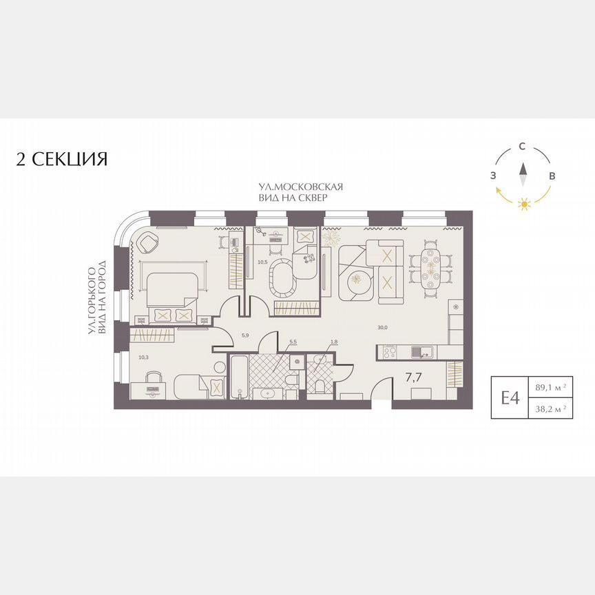 3-комн. квартира, 89.1 м2, 1/10 этаж