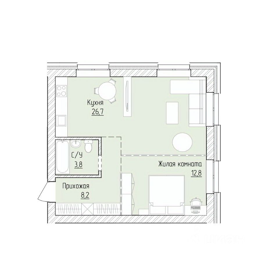 1-комн., 51.5 м², 2/8 этаж