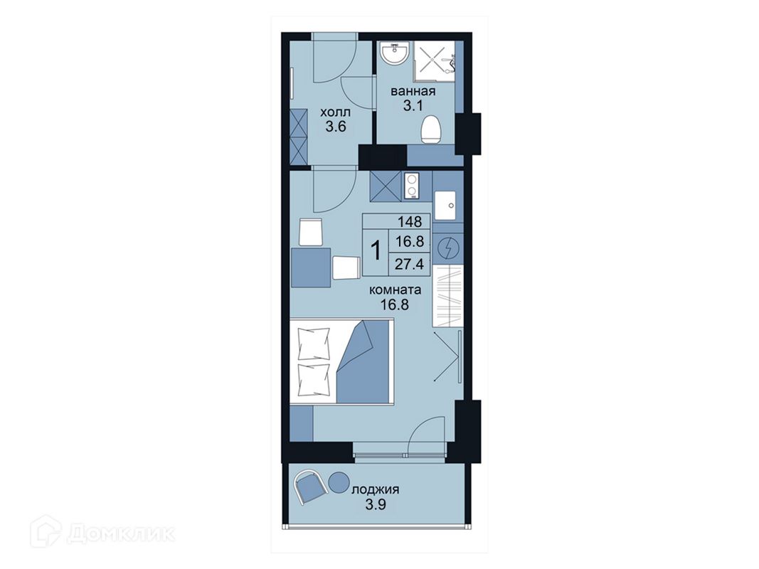 Студия, 27.4 м², 10/15 этаж