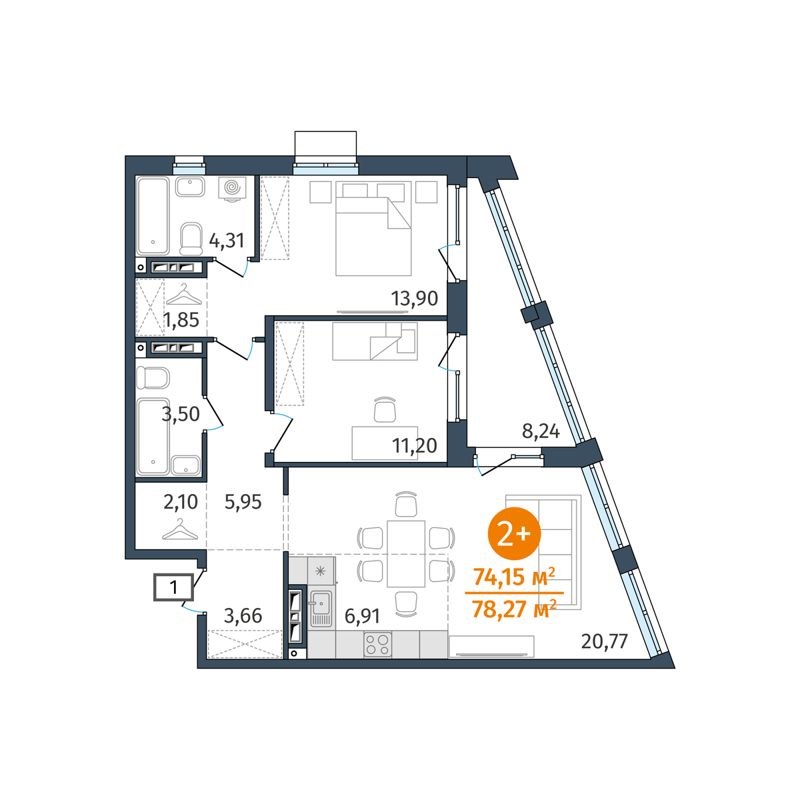 2-комн., 74.15 м², 4/25 этаж