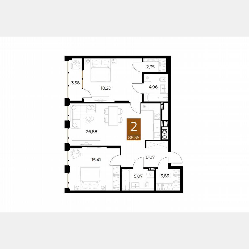 2-комн., 88.4 м², 2/8 этаж