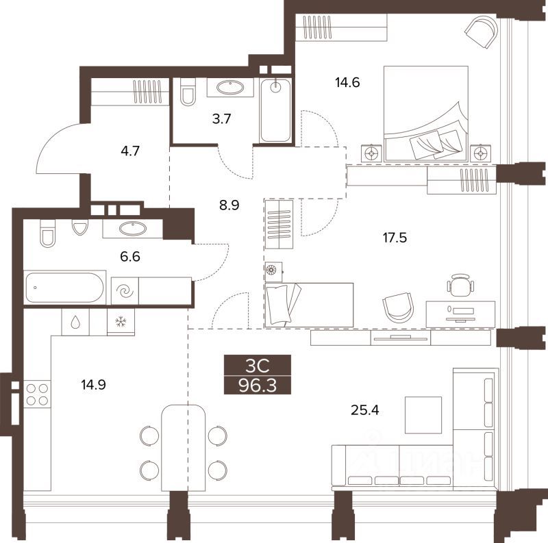 3-комн., 96.3 м², 15/16 этаж