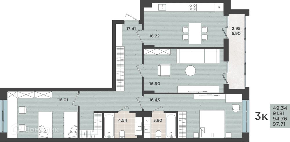 3-комн., 94.76 м², 1/8 этаж