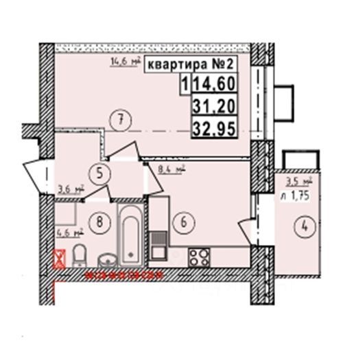 1-комн., Квартира в новостройке, 32.95 м², 3/5 этаж