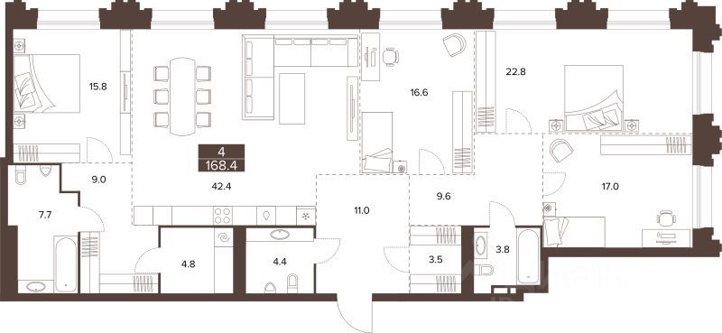 3-комн., 168.4 м², 9/16 этаж