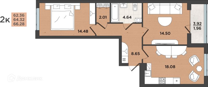 2-комн., 64.32 м², 1/8 этаж