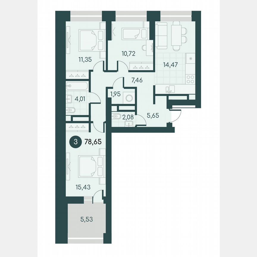 3-комн. квартира, 78.7 м2, 10/12 этаж