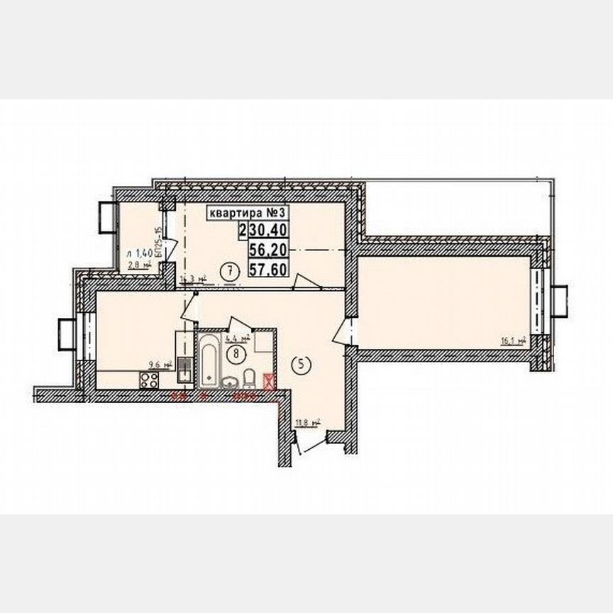 2-комн., 57.6 м², 3/5 этаж