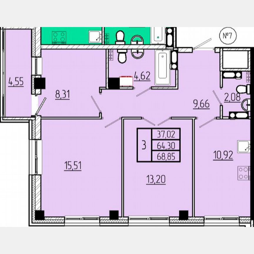 3-комн. квартира, 68.7 м2, 14/16 этаж