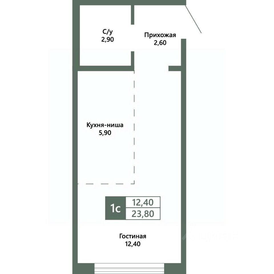 1-комн. квартира, 23.9 м2, 1/10 этаж