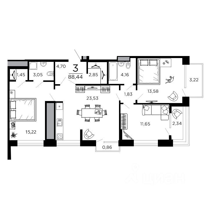 3-комн., 88.44 м², 7/19 этаж