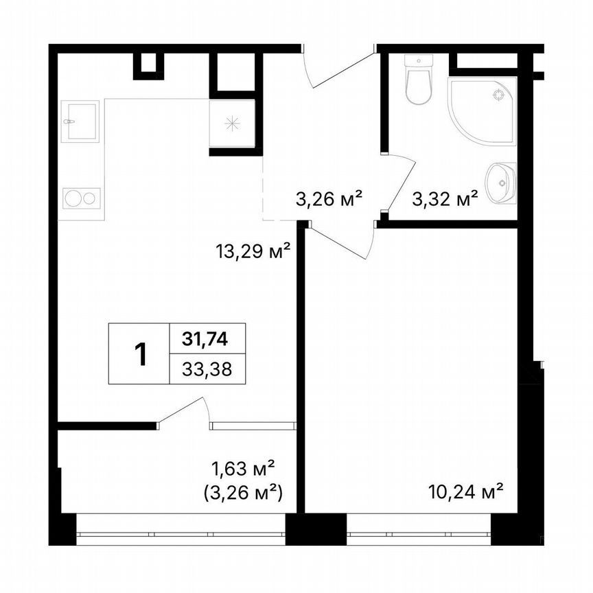 1-комн. квартира, 33.4 м2, 1/8 этаж